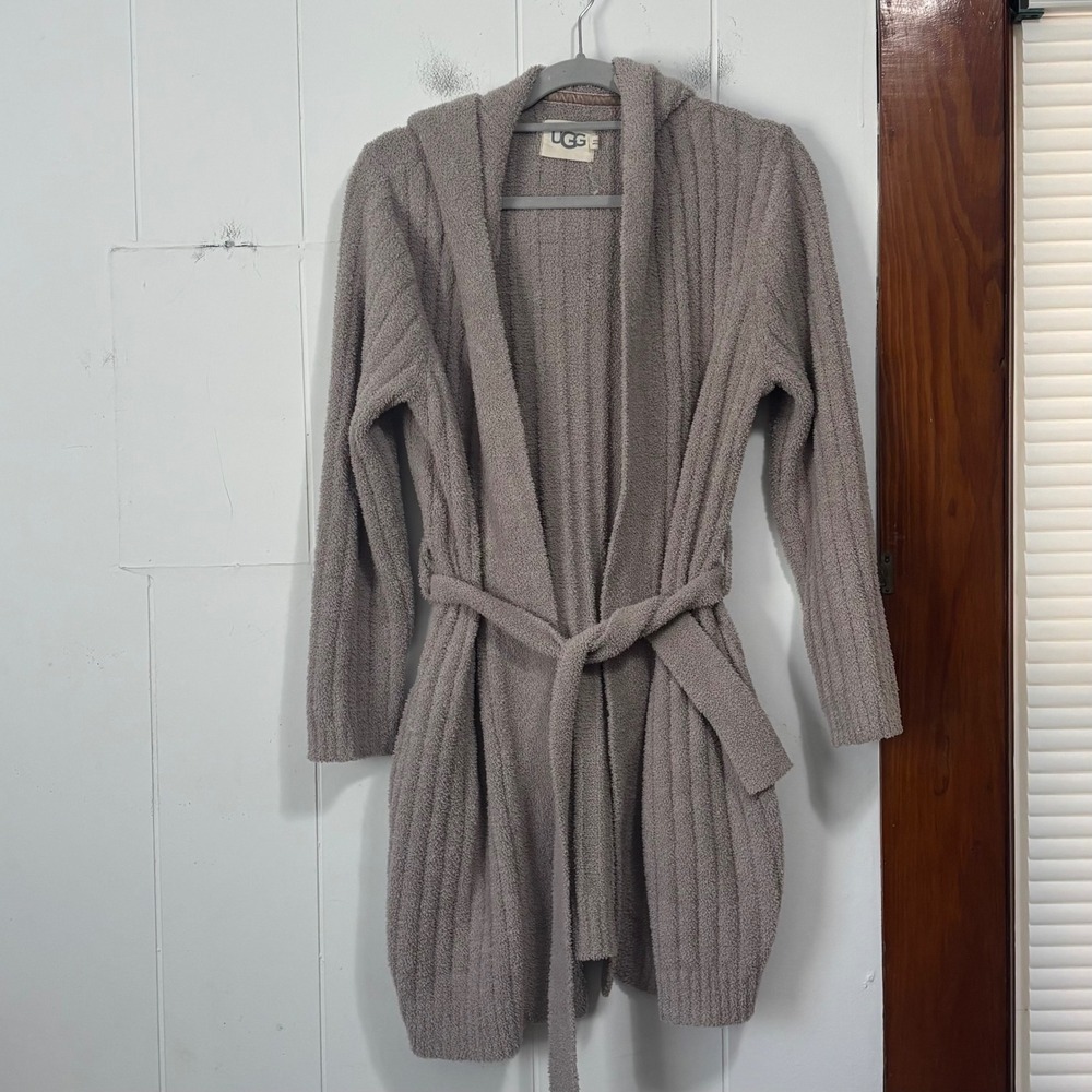 UGG Womens Hooded Ribbed Knit Belted Cardigan Taupe XS Open Front Wrap